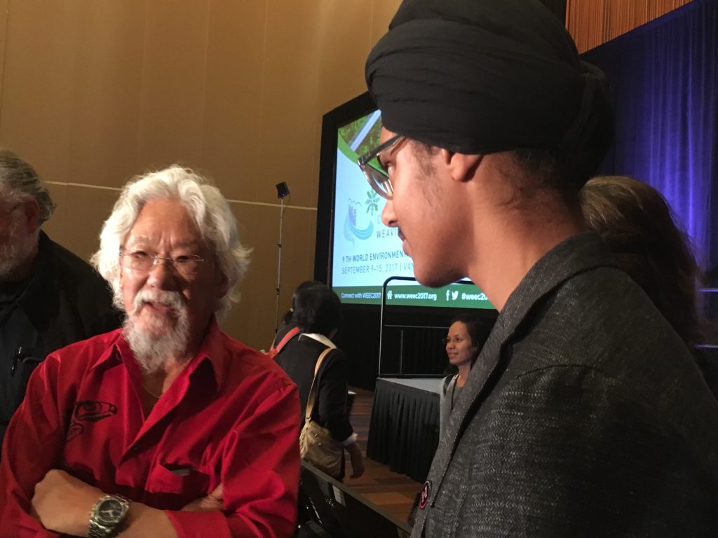 Young Reporter for the Environment Abhayjeet Sachal (right) interviews David Suzuki at the World Environmental Education Congress in Vancouver, B.C.