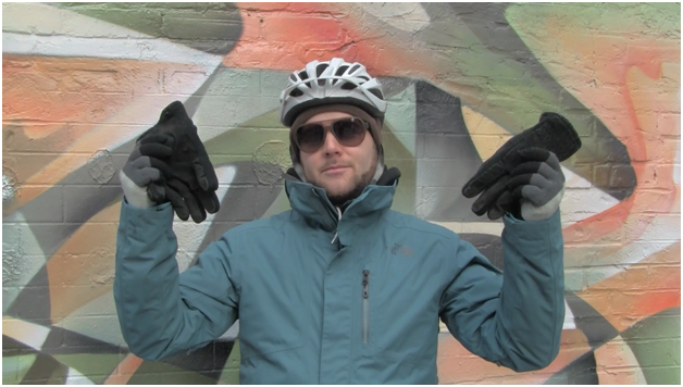 Patrick deRochie gloves and eye protection winter cycling