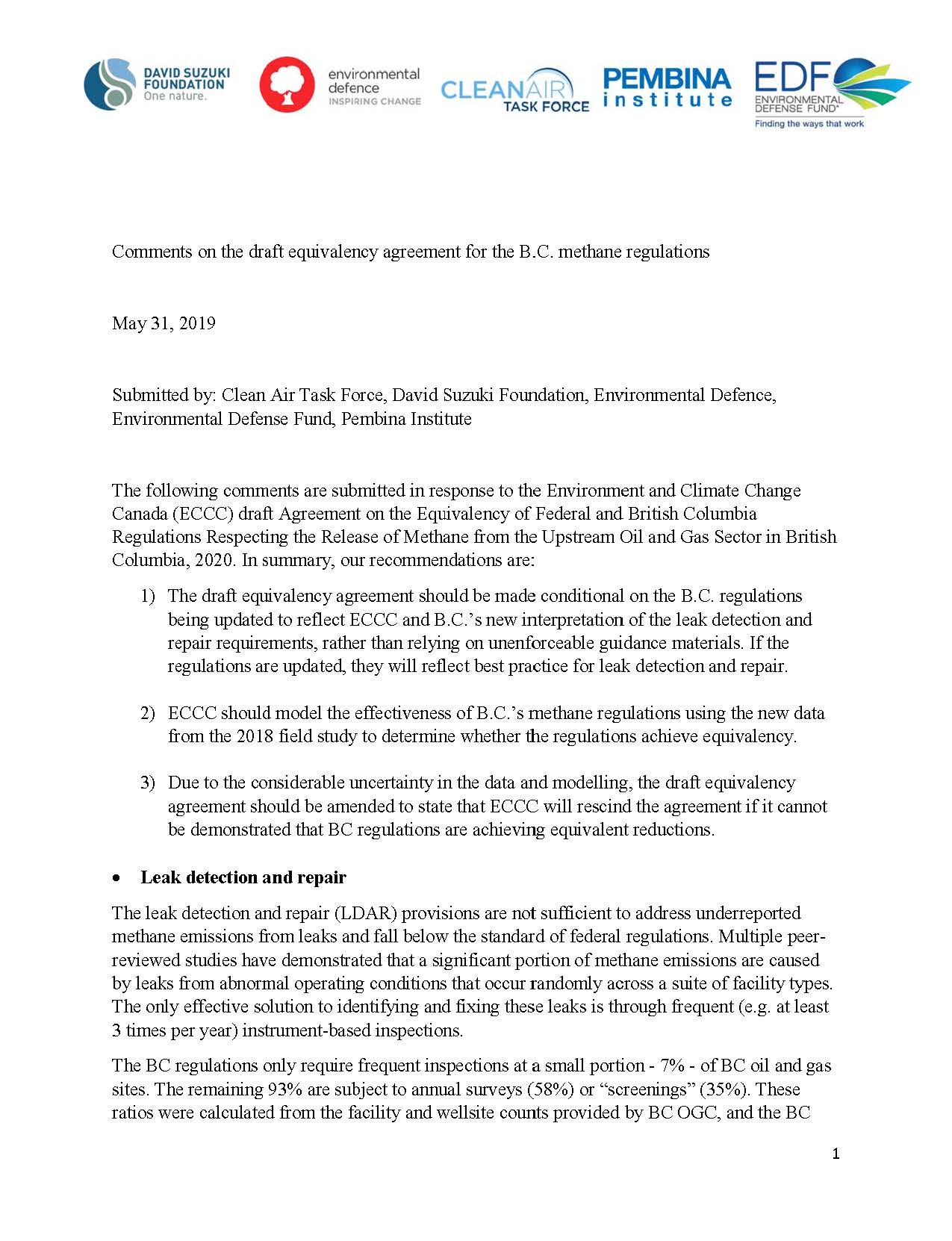 The cover of Environmental Defence's joint submission on granting BC methane regulations equivilancy