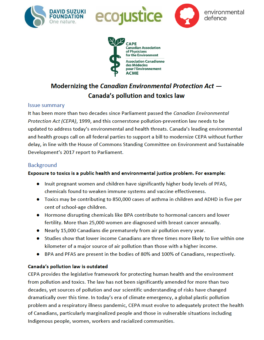 Briefing Note Modernizing the Canadian Environmental Protection Act
