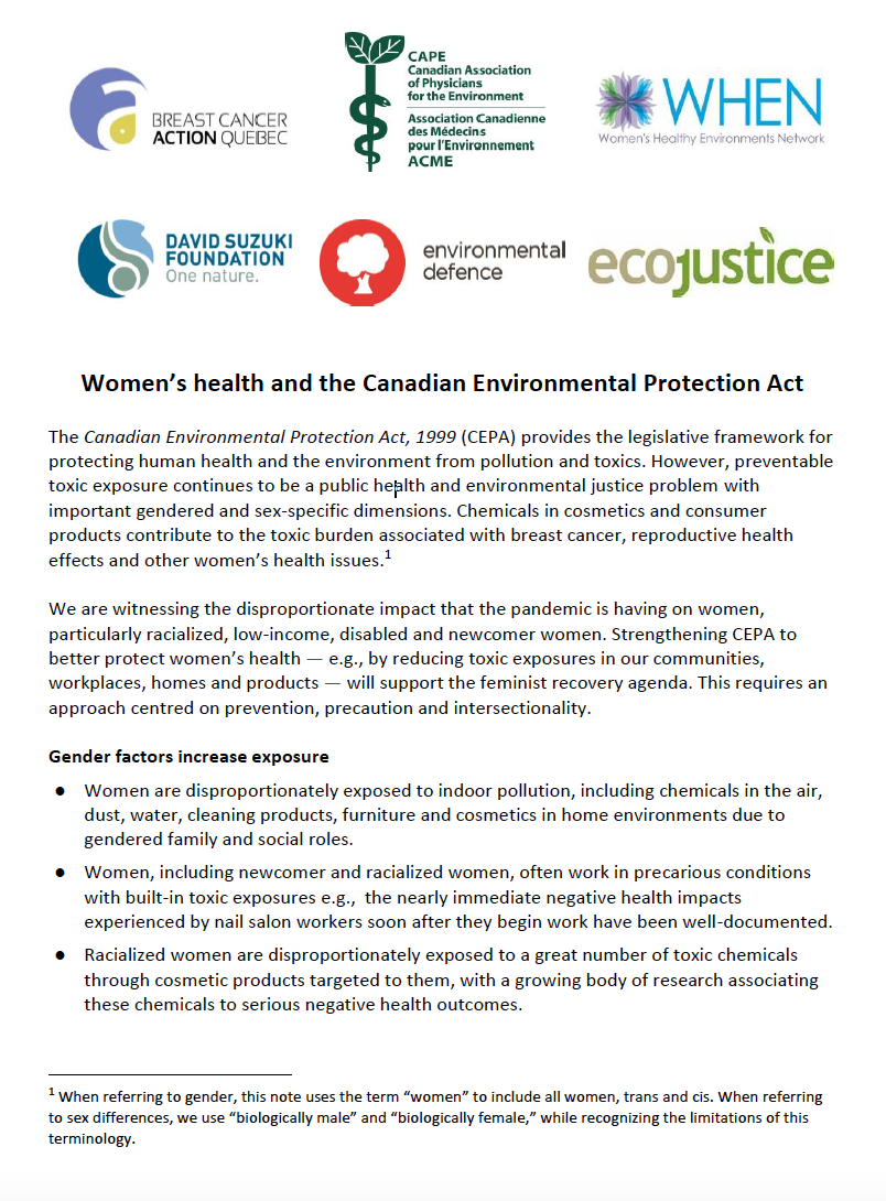 Women's health and the Canadian Environmental - Defence