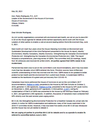 Letter re: C-28 vote before World Environment Day - Environmental Defence