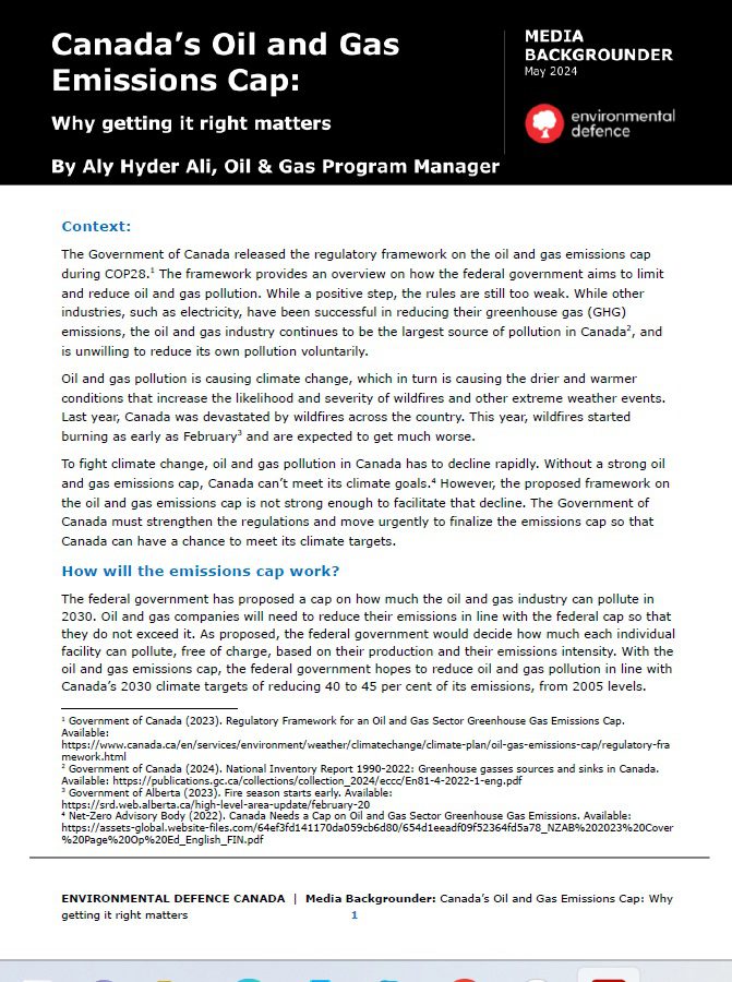 The cover of Environmental Defence Backgrounder on Canada's Oil and Gas Emissions Cap